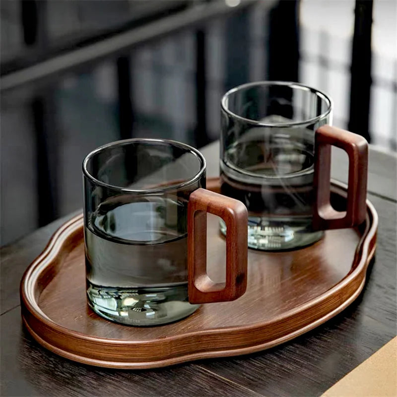 400ml Heat-resistant Glass Cups with Walnut Handle Household Flower Tea Mug Tea Making Cup Milk Water Cup Office Drinking