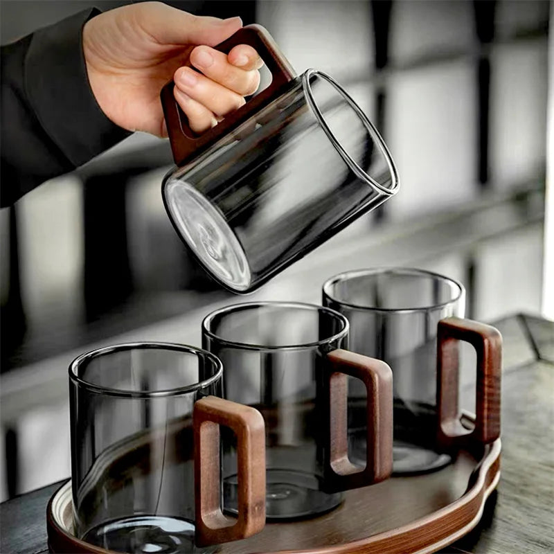 400ml Heat-resistant Glass Cups with Walnut Handle Household Flower Tea Mug Tea Making Cup Milk Water Cup Office Drinking