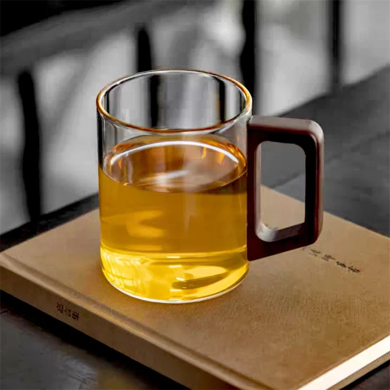 400ml Heat-resistant Glass Cups with Walnut Handle Household Flower Tea Mug Tea Making Cup Milk Water Cup Office Drinking