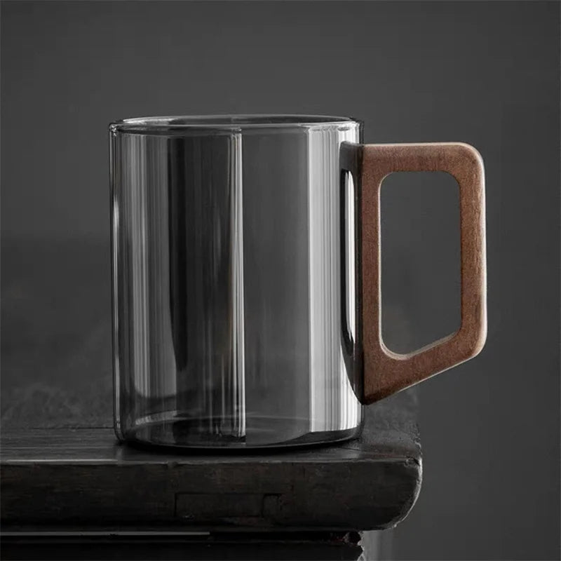 400ml Heat-resistant Glass Cups with Walnut Handle Household Flower Tea Mug Tea Making Cup Milk Water Cup Office Drinking